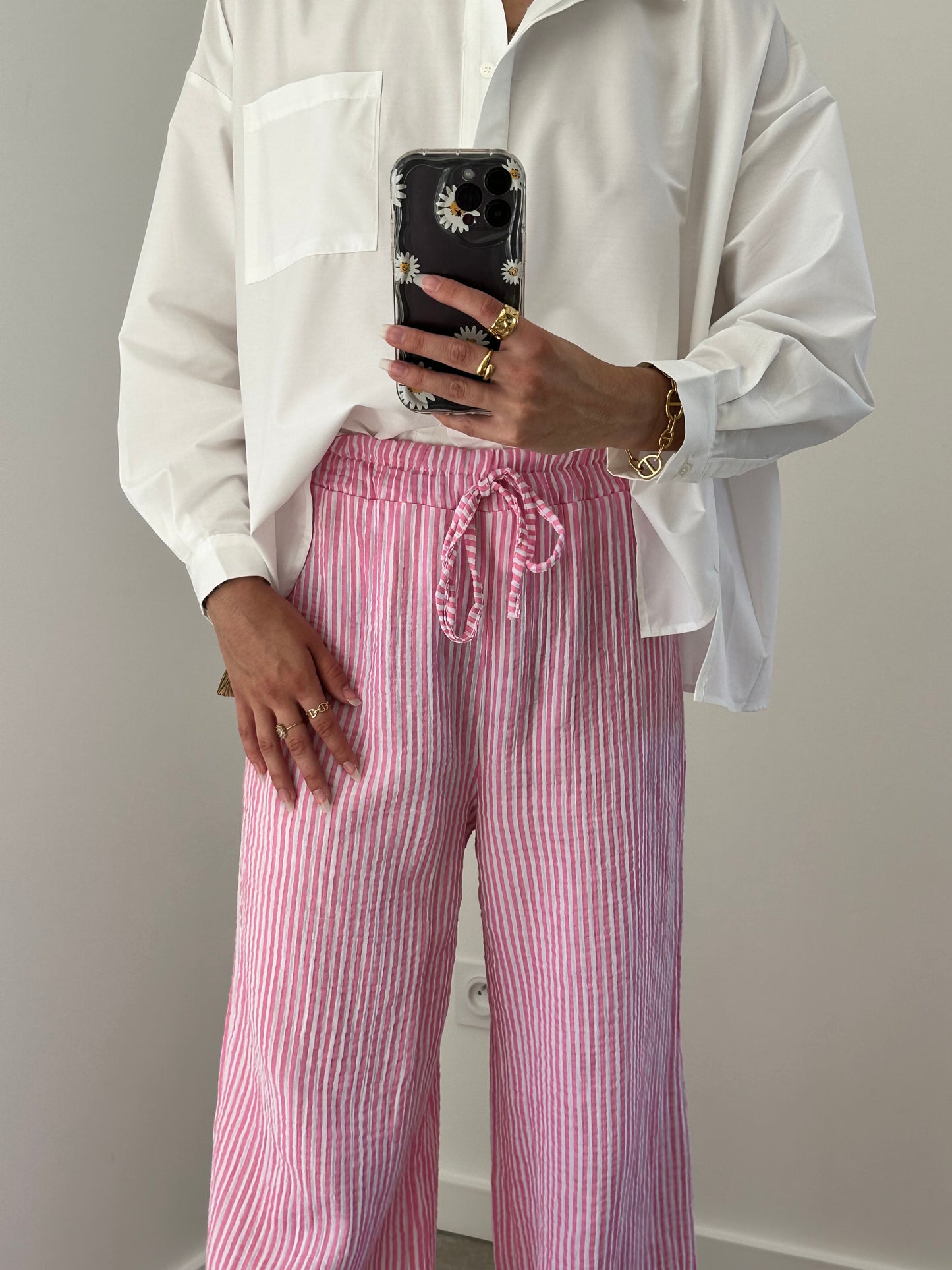 Pantalon gaze de coton rayures blanches et rose ORNELLA