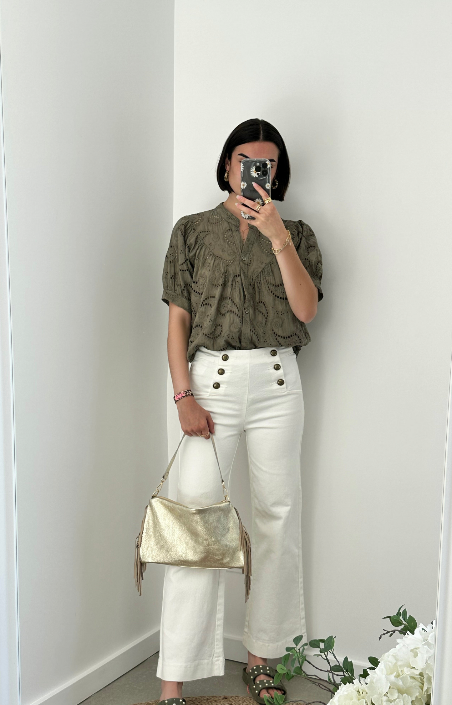 Blouse broderie manche courte kaki PAULINE