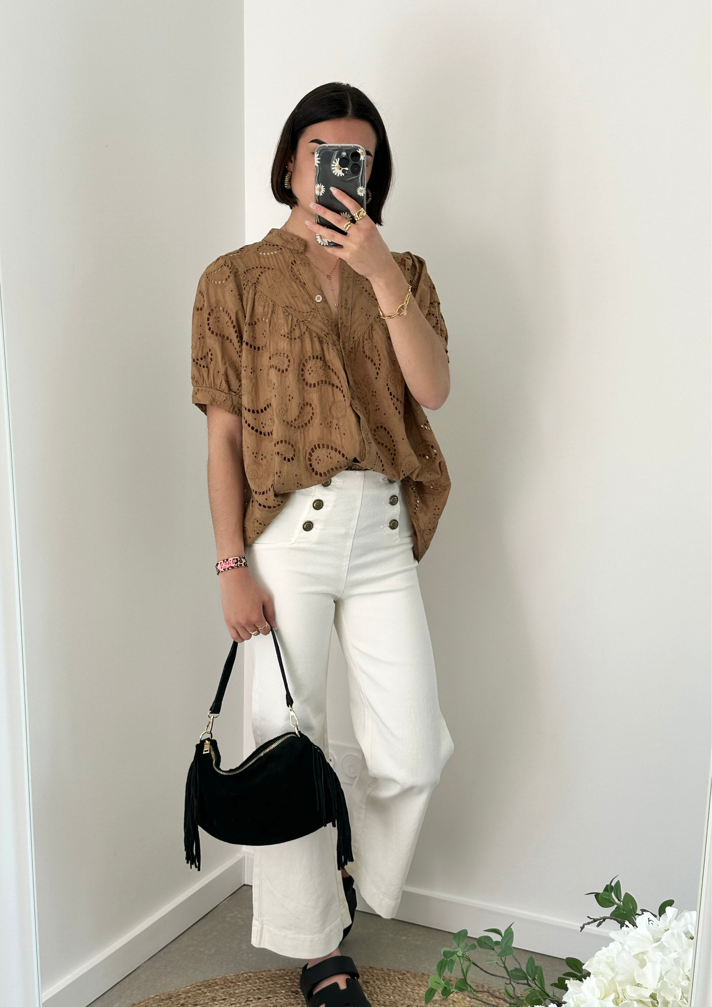 Blouse broderie manche courte tabac PAULINE