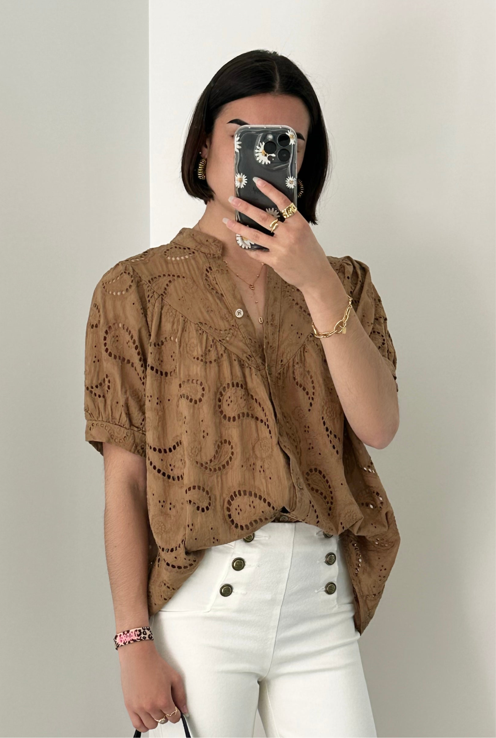 Blouse broderie manche courte tabac PAULINE - Main Image