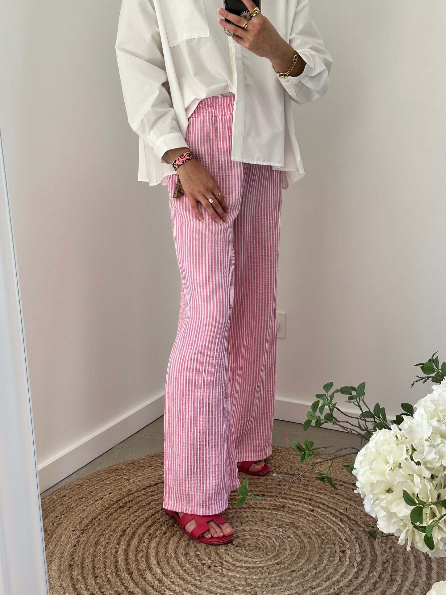Pantalon gaze de coton rayures blanches et rose ORNELLA