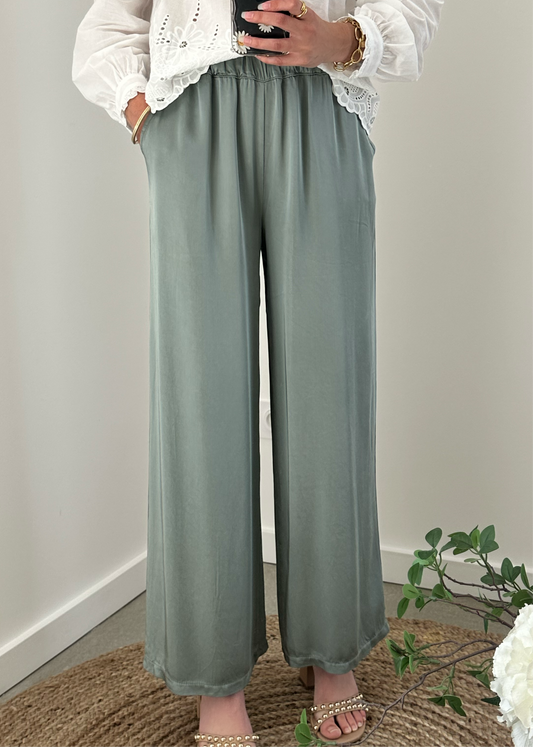 Pantalon fluide satin kaki ANAÏS