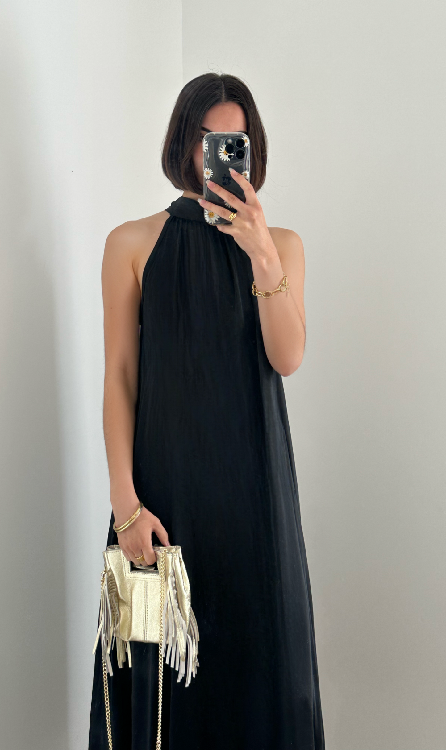 Robe longue satin nouée autour du cou noir MIA