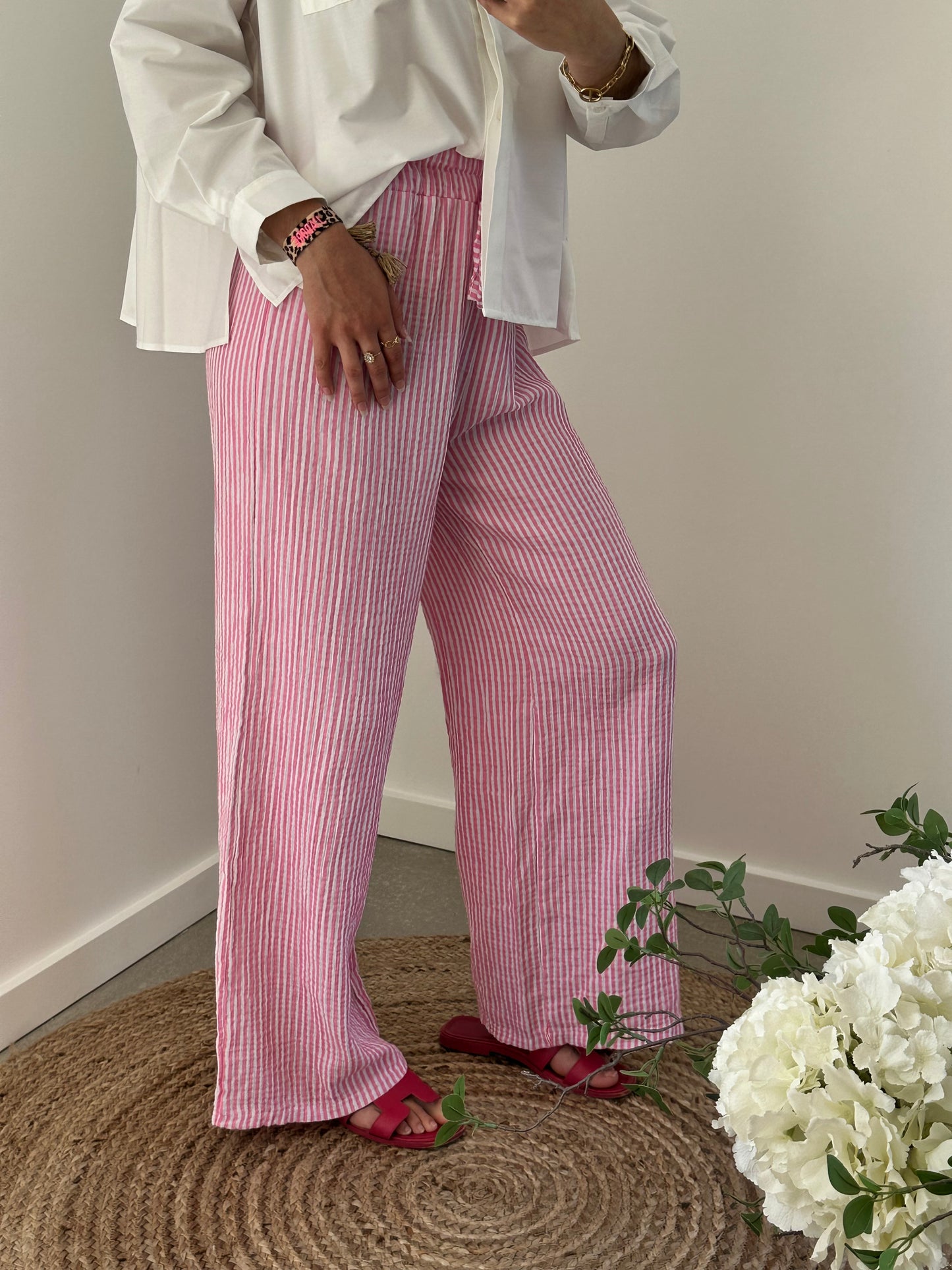Pantalon gaze de coton rayures blanches et rose ORNELLA