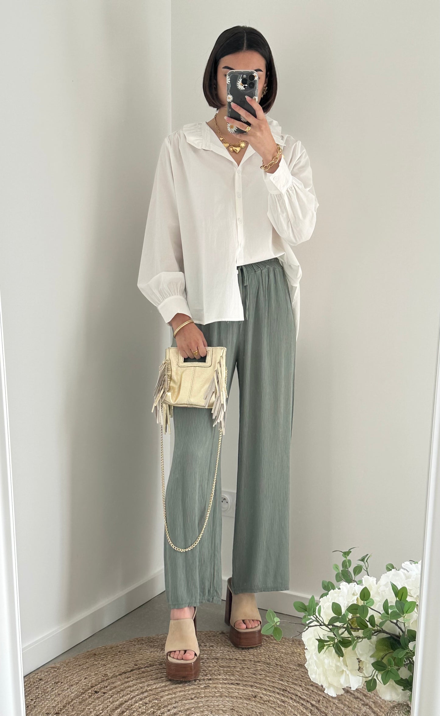 Pantalon fluide gauffré kaki JUDITH