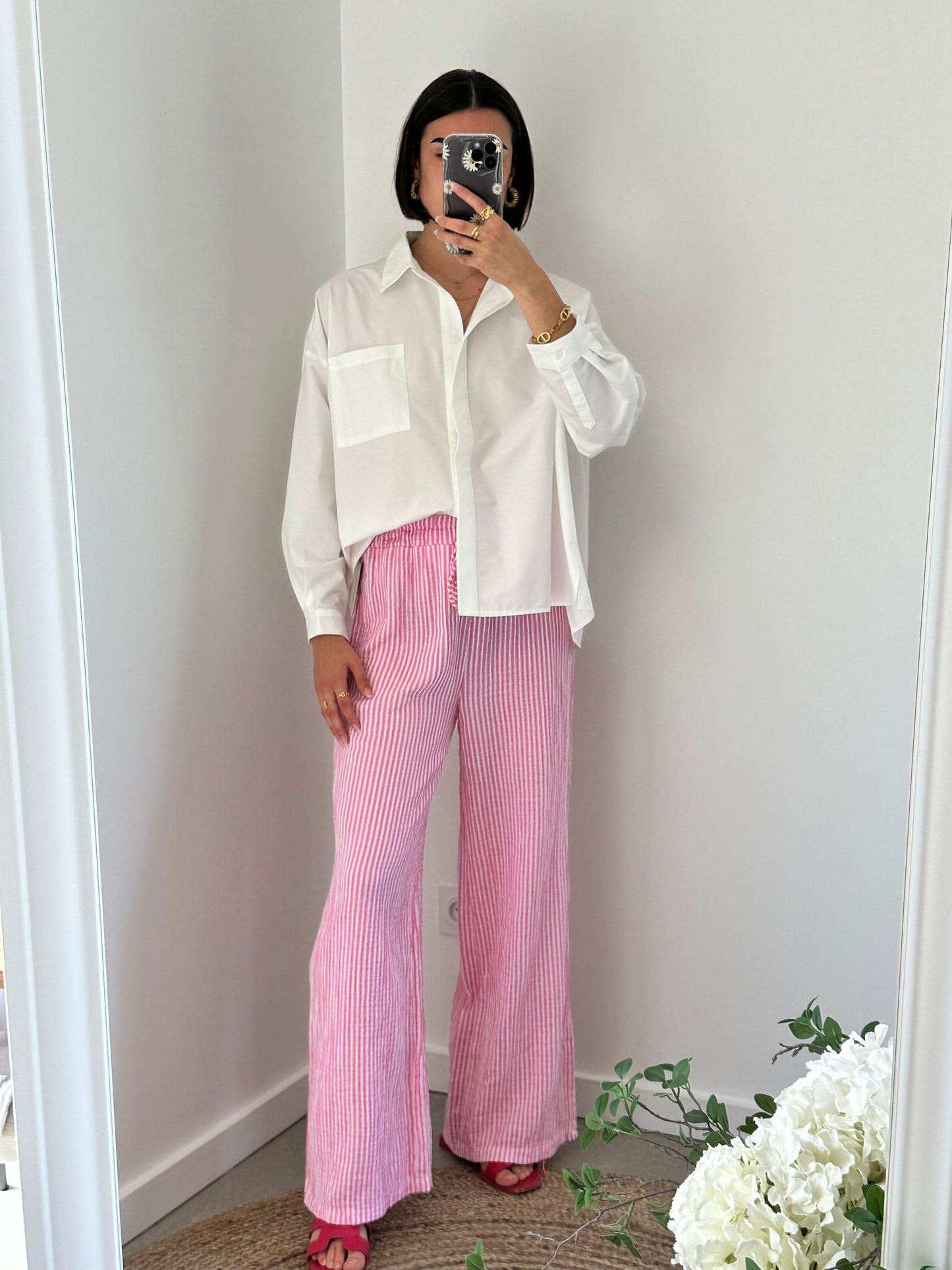 Pantalon gaze de coton rayures blanches et rose ORNELLA